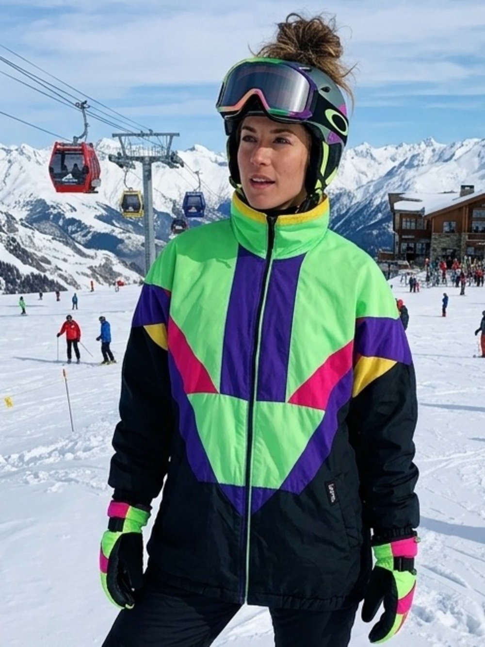 Colorblock 90s Neon Colorblock Ski Jacket - Green & Purple
